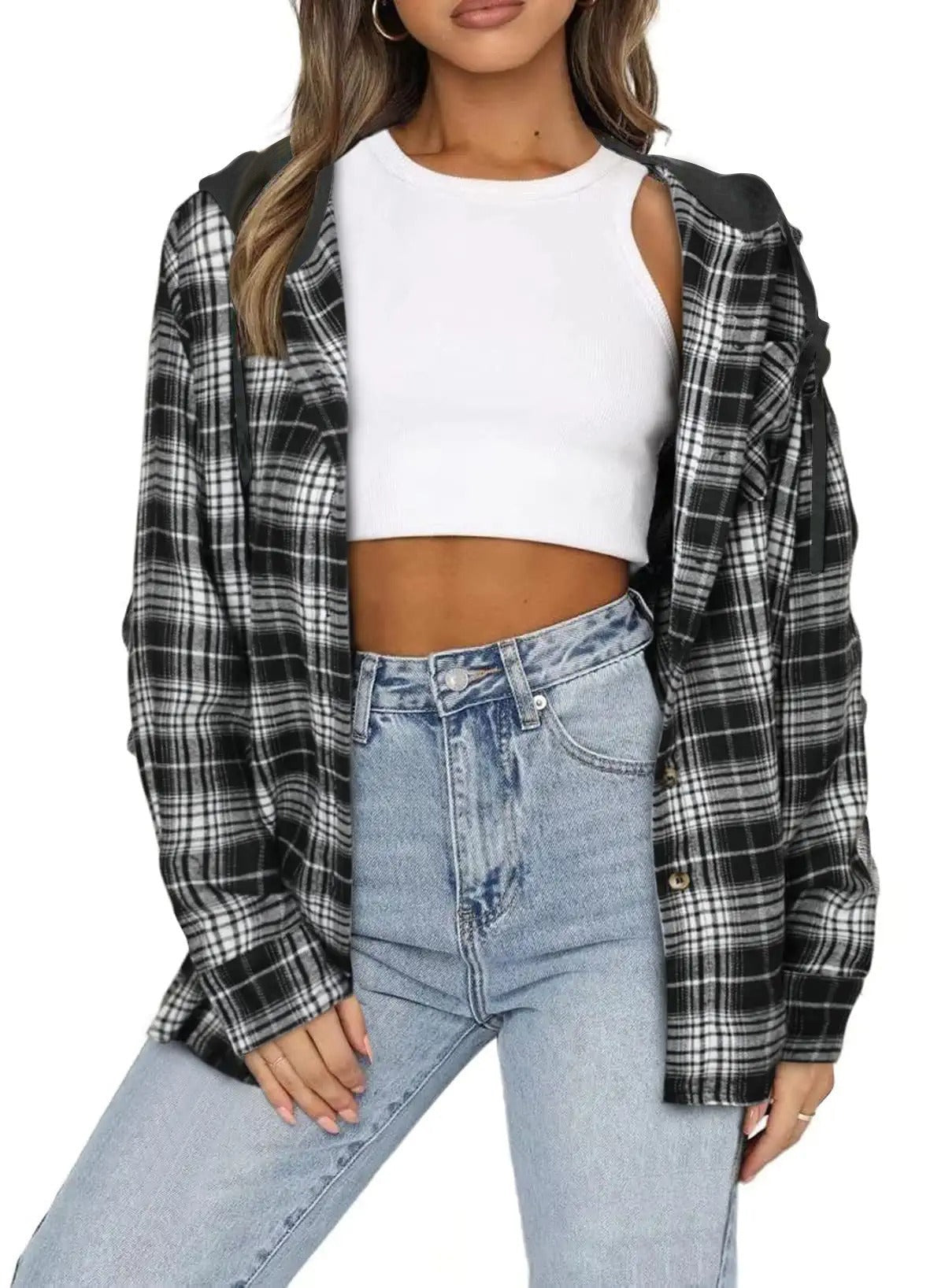 Plaid Hooded Shacket Button Front Oversized Fit