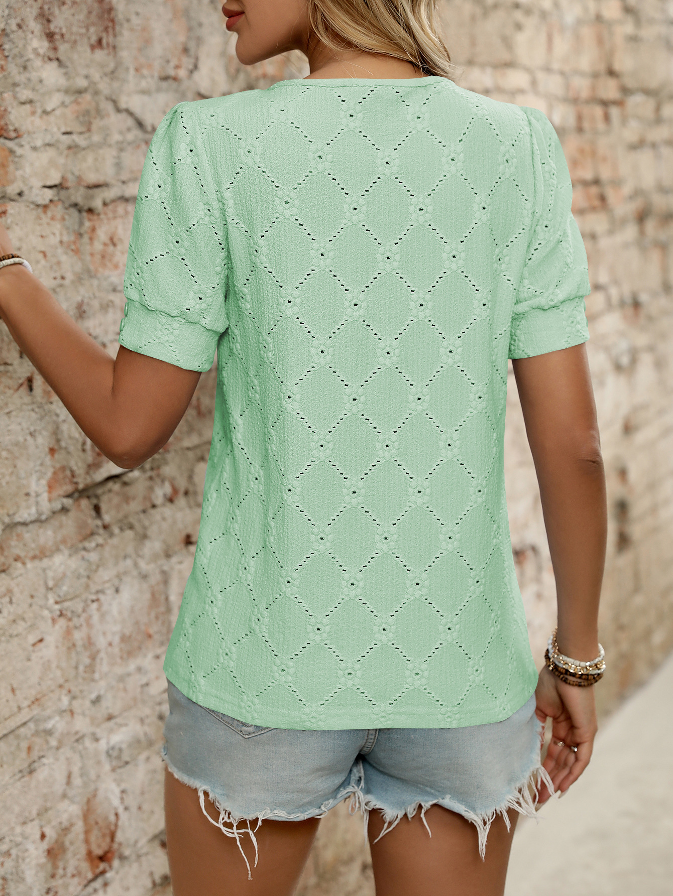 Women’s Eyelet Knit T Shirt Short Sleeve Summer Top