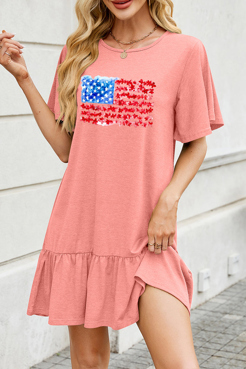 American Flag Cotton Dress Casual Ruffle Vacation