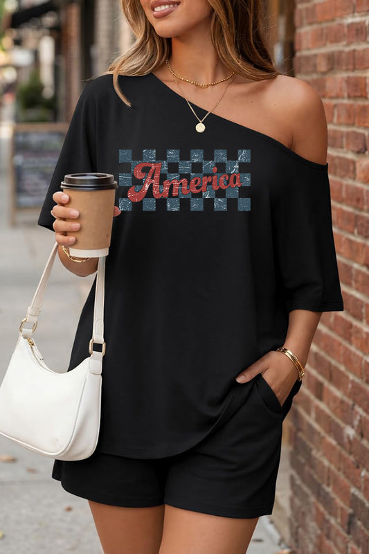 America Checkerboard Off Shoulder Short Sleeve Summer Set