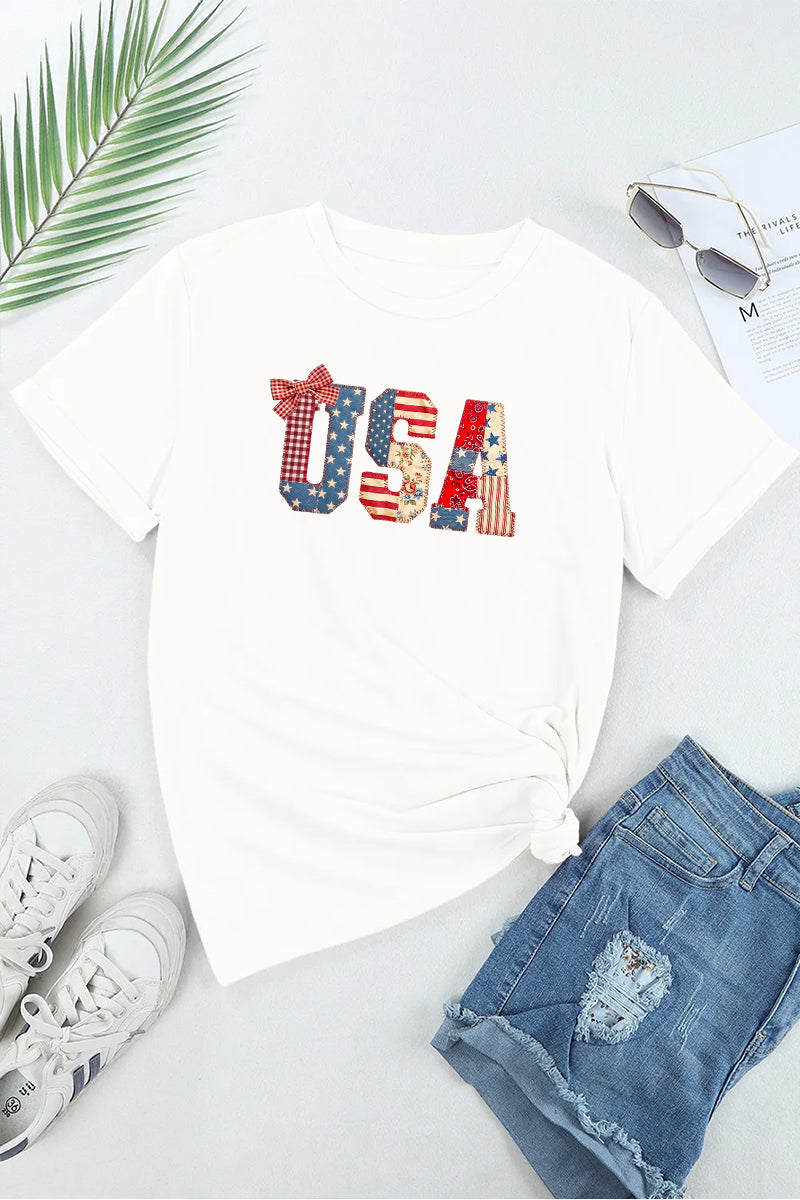 USA Patchwork Bow Graphic Tee Women Patriotic Summer Shirt