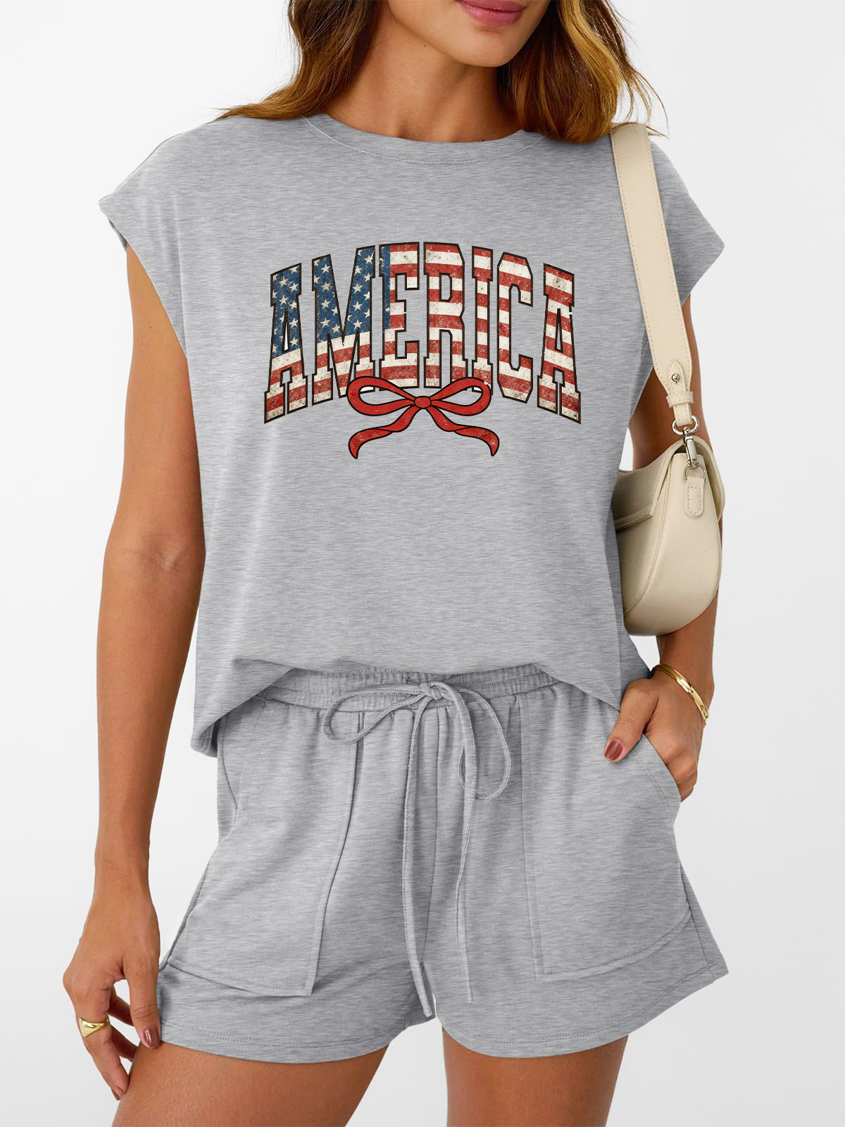 4th of July America Bow Detail Short Set Outfit