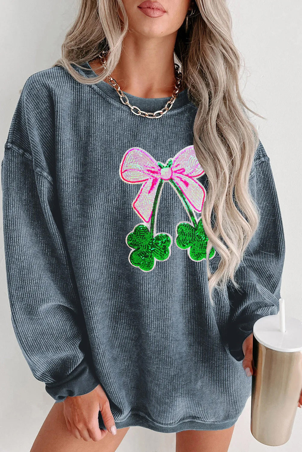 Saint Patrick’s Day Sequin Bow Clover Graphic Sweatshirt