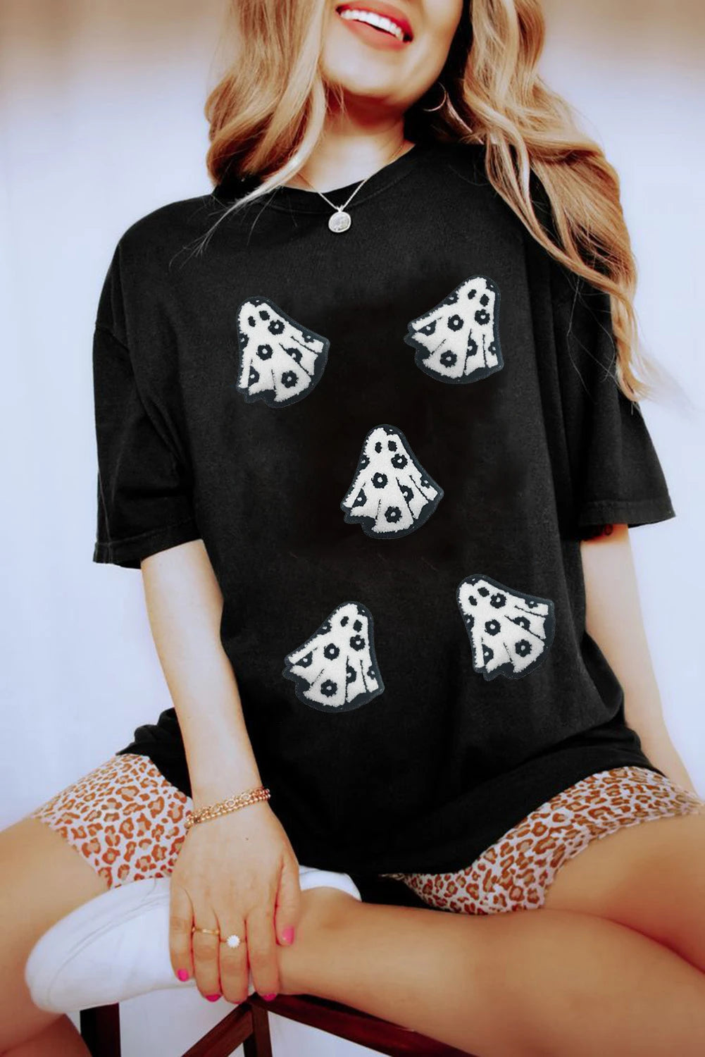 White Playful Ghost Patched Cotton Blend T Shirt