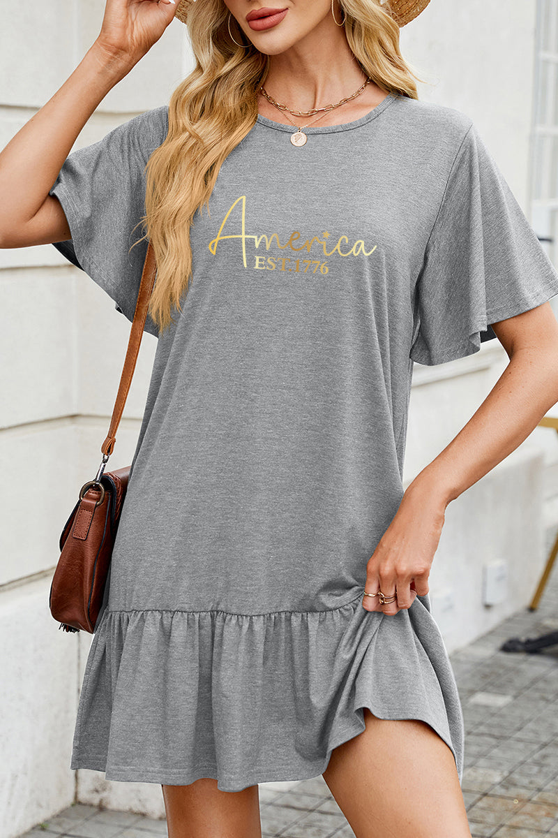 America Letter Cotton Dress Casual Ruffle Trendy
