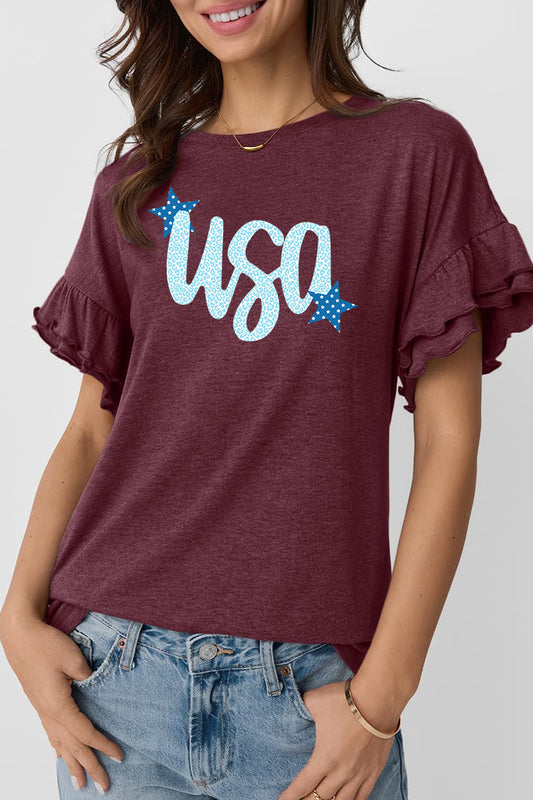 Leopard USA Graphic Tee Patriotic Ruffle Sleeve Top