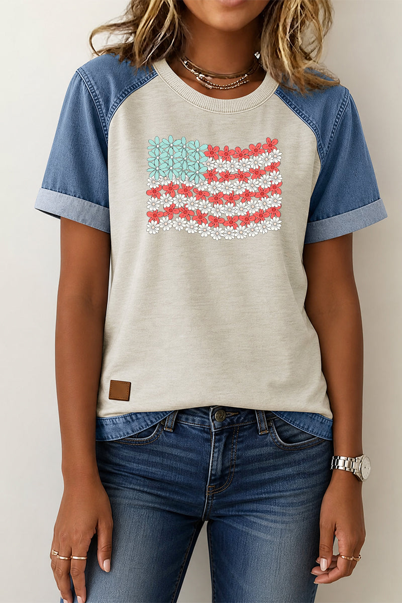 Floral Flag Denim Patchwork Tee Casual
