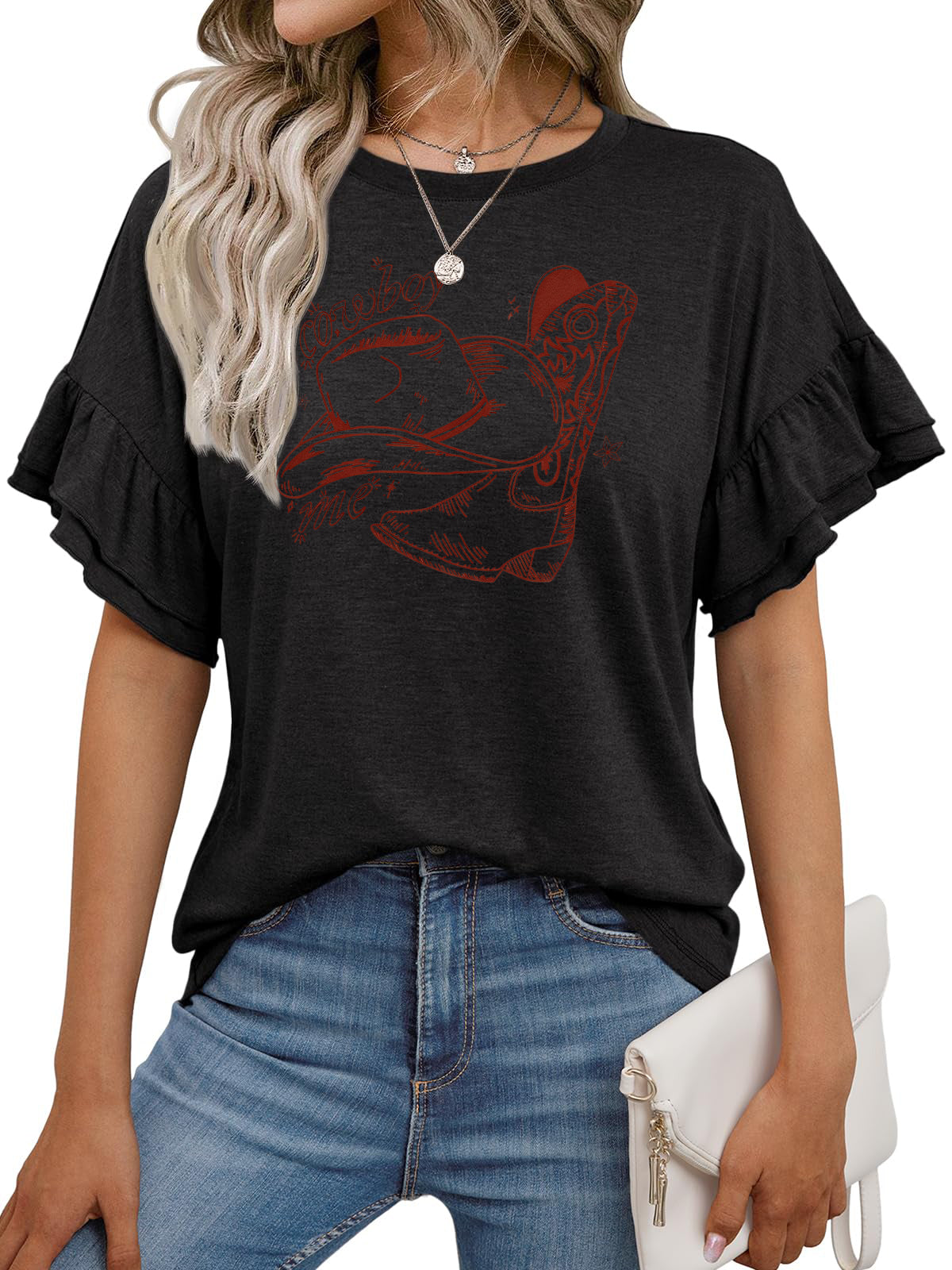 Western Graphic Ruffle Sleeve Casual Boutique Tee