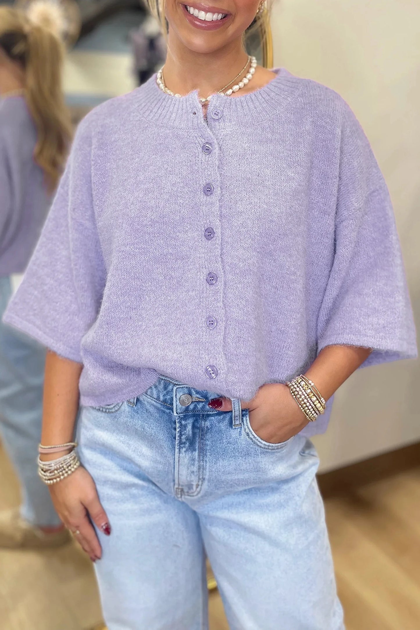 Blossom 3/4 Sleeve Boxy Knit Button Down Sweater Cardigan