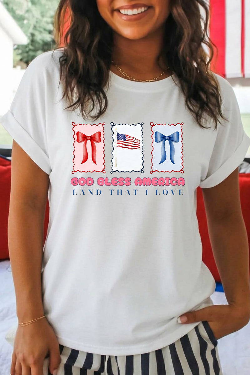Women 4th of July Bow American Flag T Shirt