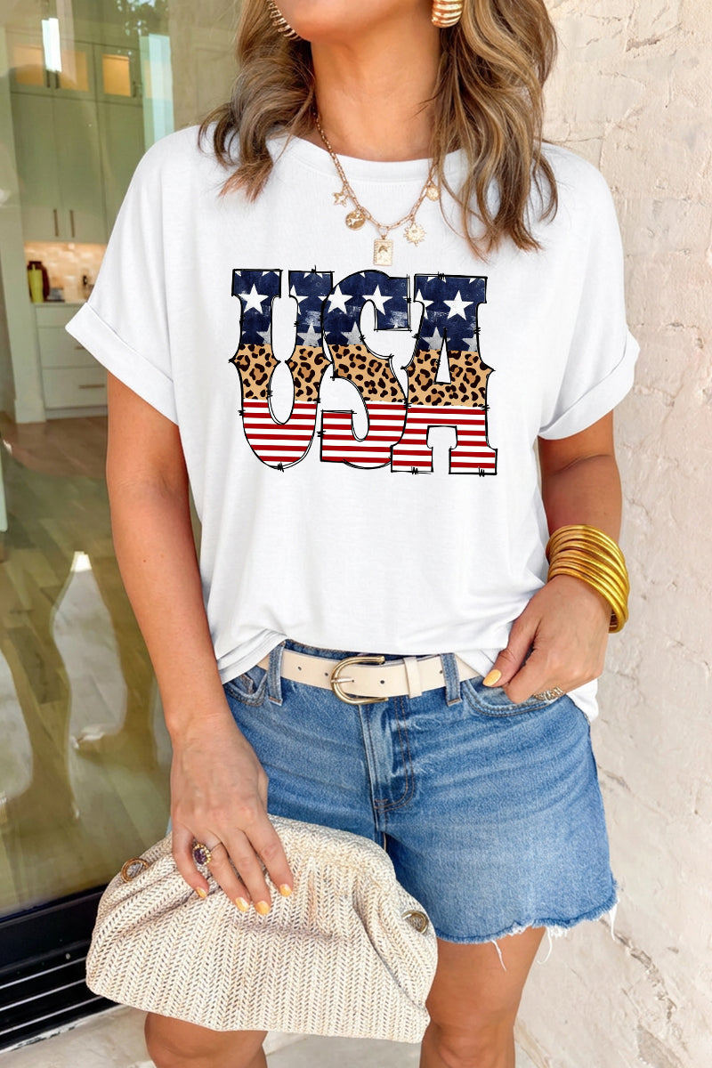 Women 4th of July USA Leopard Flag T Shirt