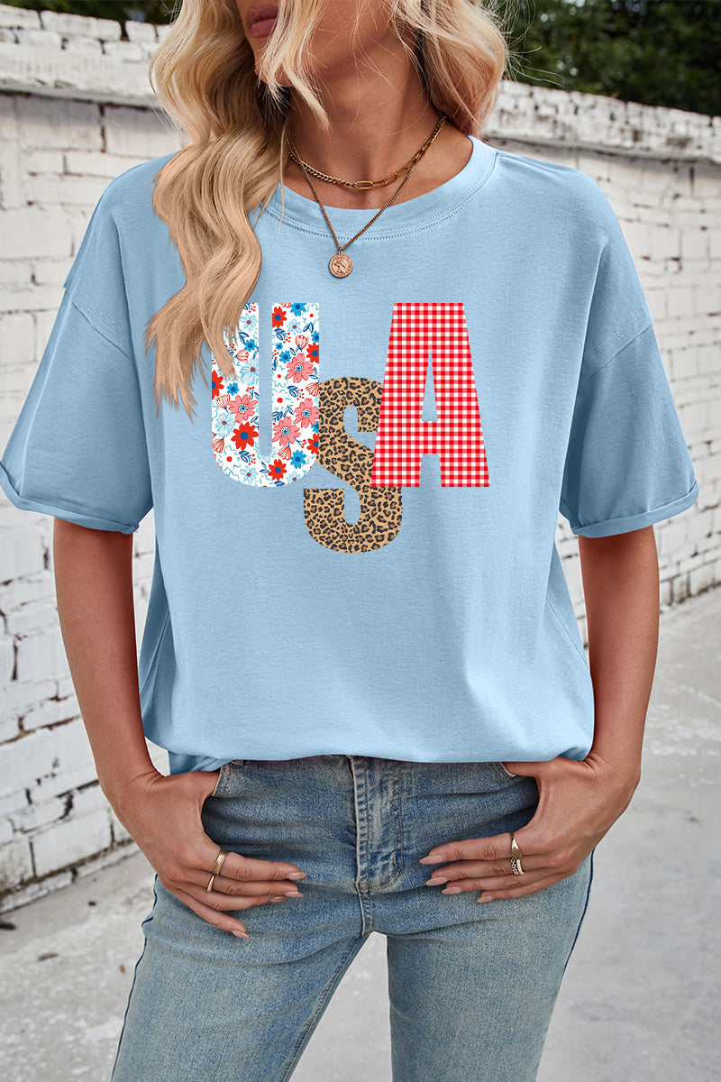 Patriotic Cotton Graphic Tee Oversized USA Leopard Top