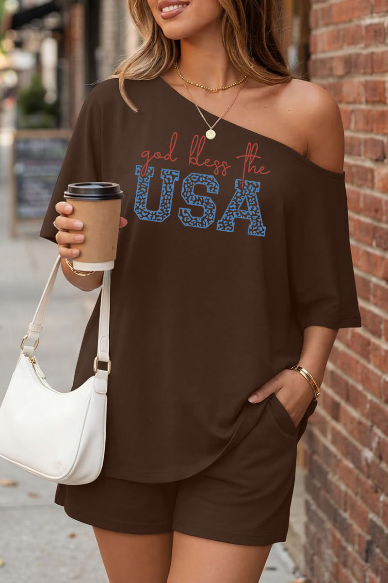 USA Graphic Off Shoulder Lounge Shorts Set Women