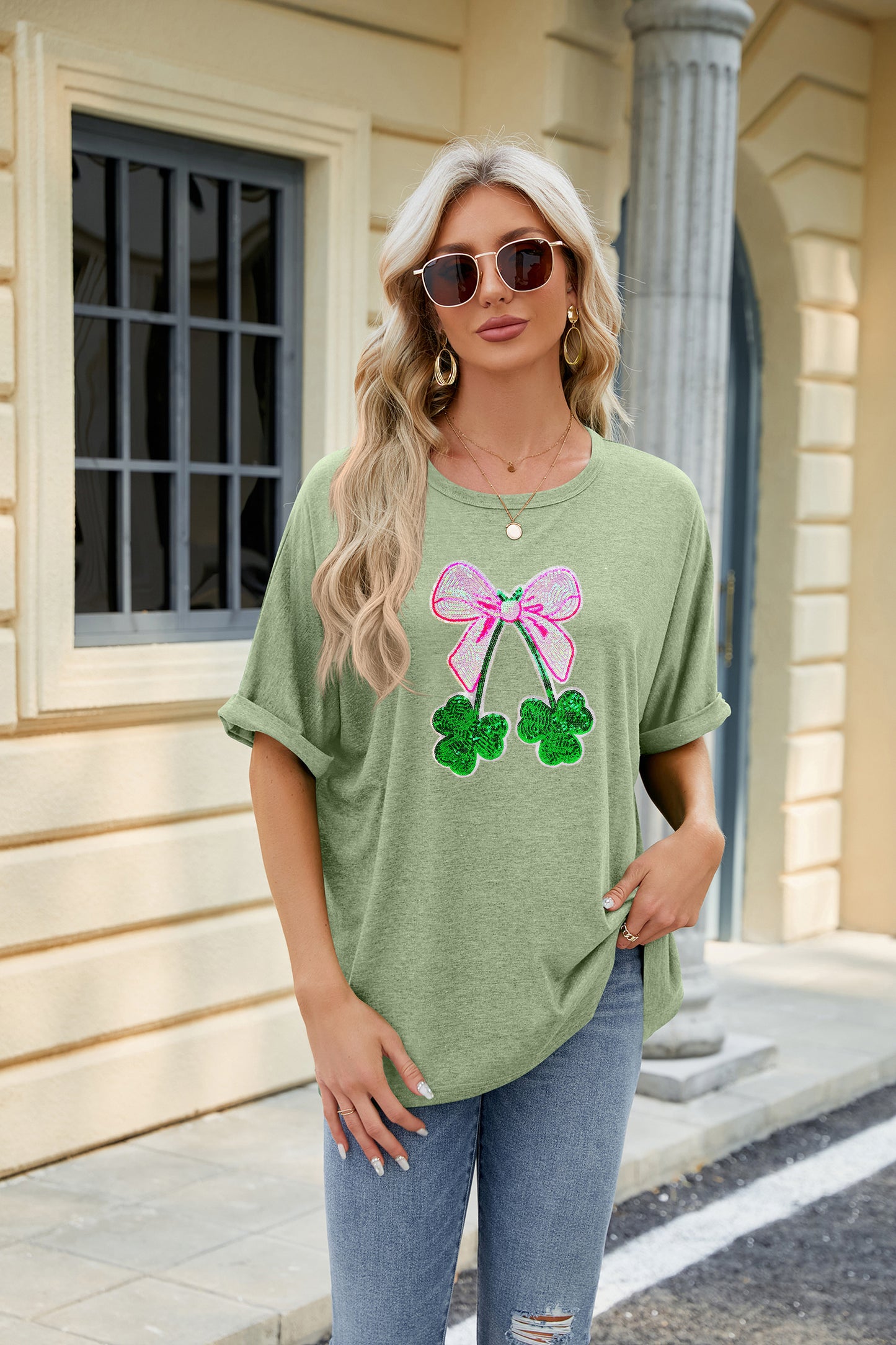 St Patrick’s Day Sequin Bow Clover Graphic Tee