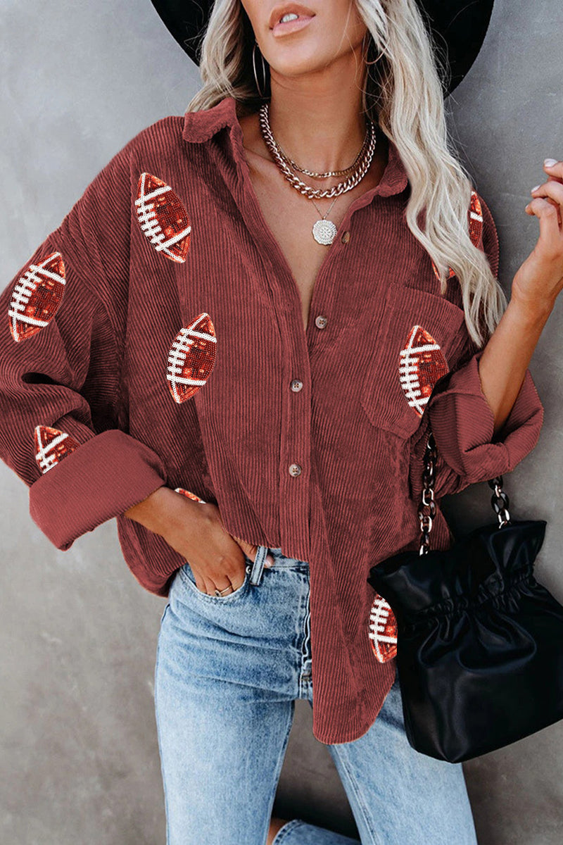 Game Day Football Patch Corduroy Button Up Shacket