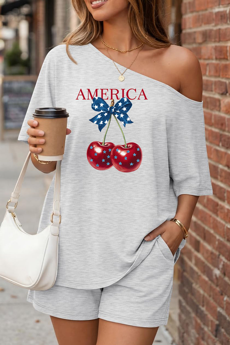 USA Patriotic Cherry Off Shoulder Short Sleeve Summer Set