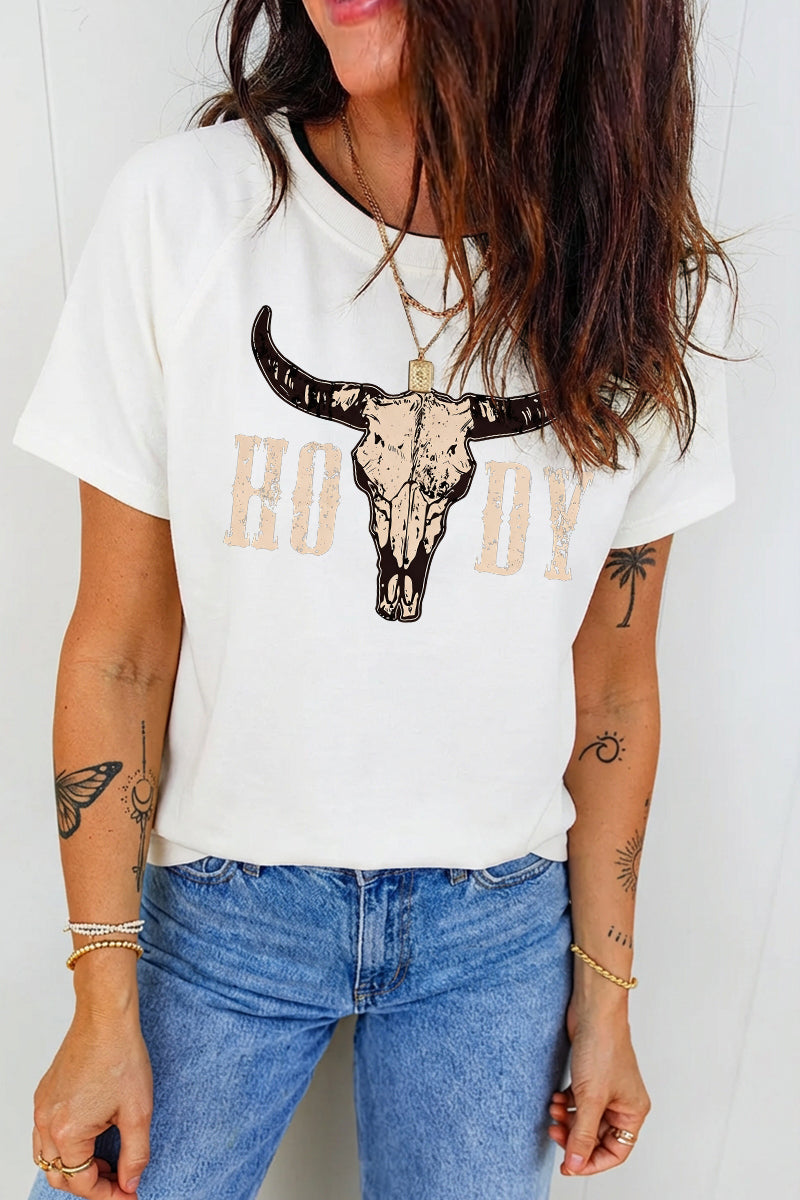 Western Howdy Cow Skull Graphic Tee Vintage Cowboy Top