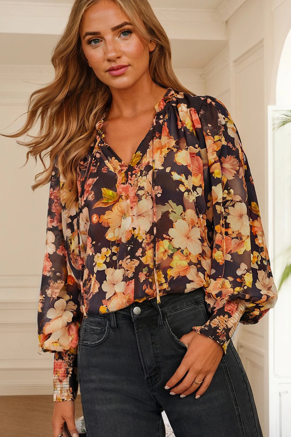 Black Floral V Neck Long Puff Sleeve Breezy Blouse