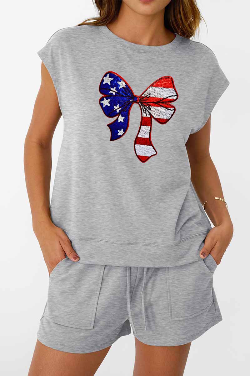 America Bow Tee Shorts Set Patriotic Independence Day Outfit