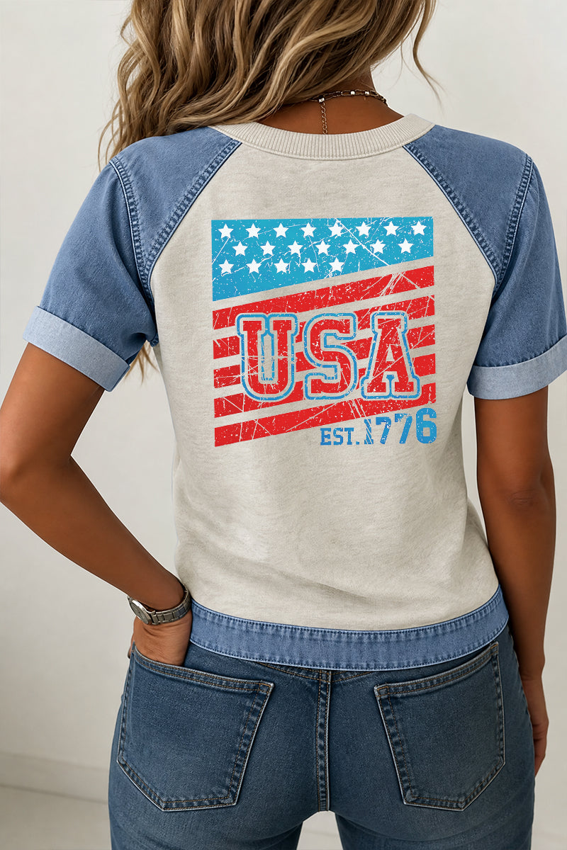 Patriotic Graphic Tee Denim Patchwork USA Flag Top