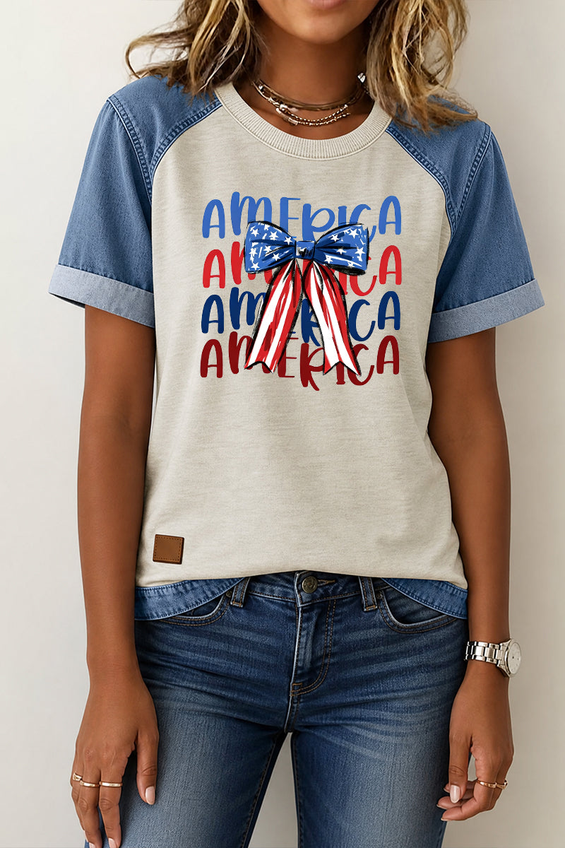 Patriotic Graphic Tee Denim Patchwork USA Back Print