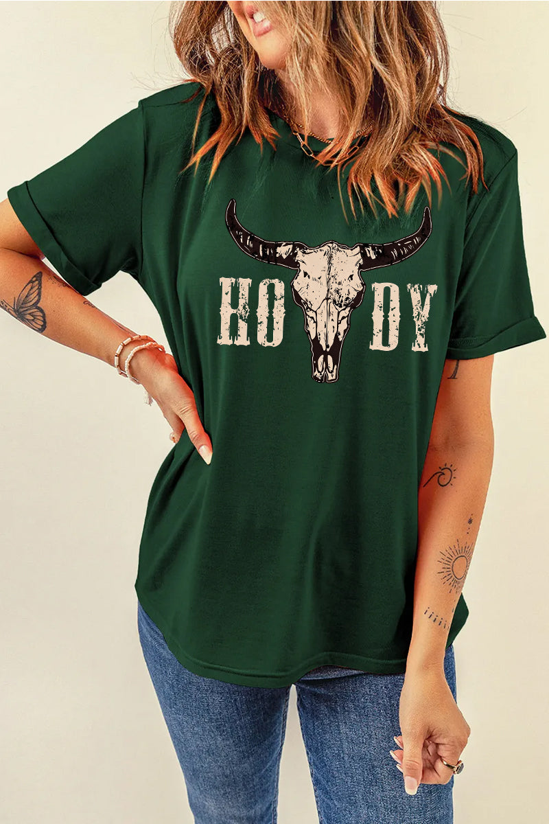 Western Howdy Cow Skull Graphic Tee Vintage Cowboy Shirt