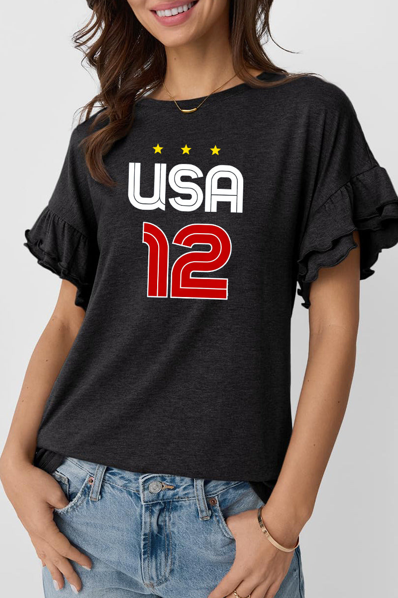 Graphic Cotton T Shirt USA Soccer Ruffle Sleeve Tee