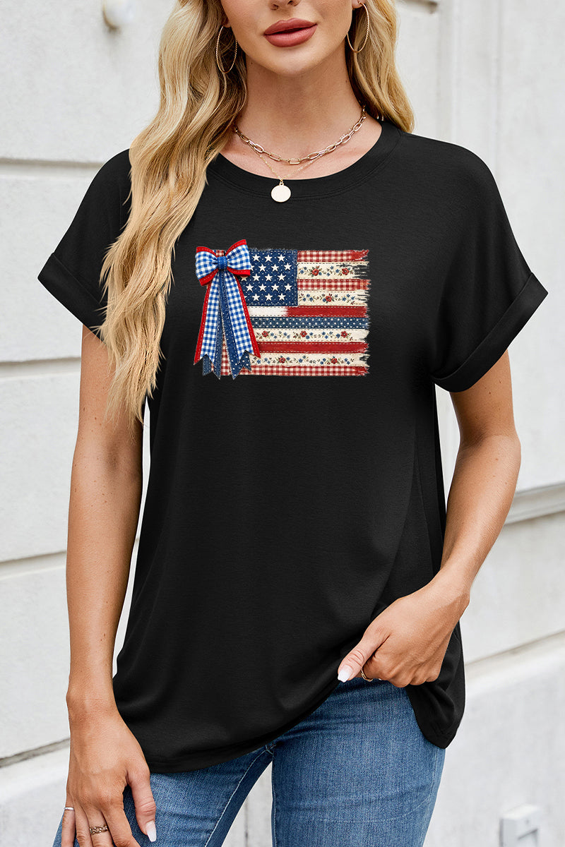 USA Flag Bow Tee Women Patriotic 4th of July Shirt