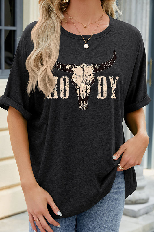 Howdy Cow Skull Graphic Tee Casual Western Loose Top