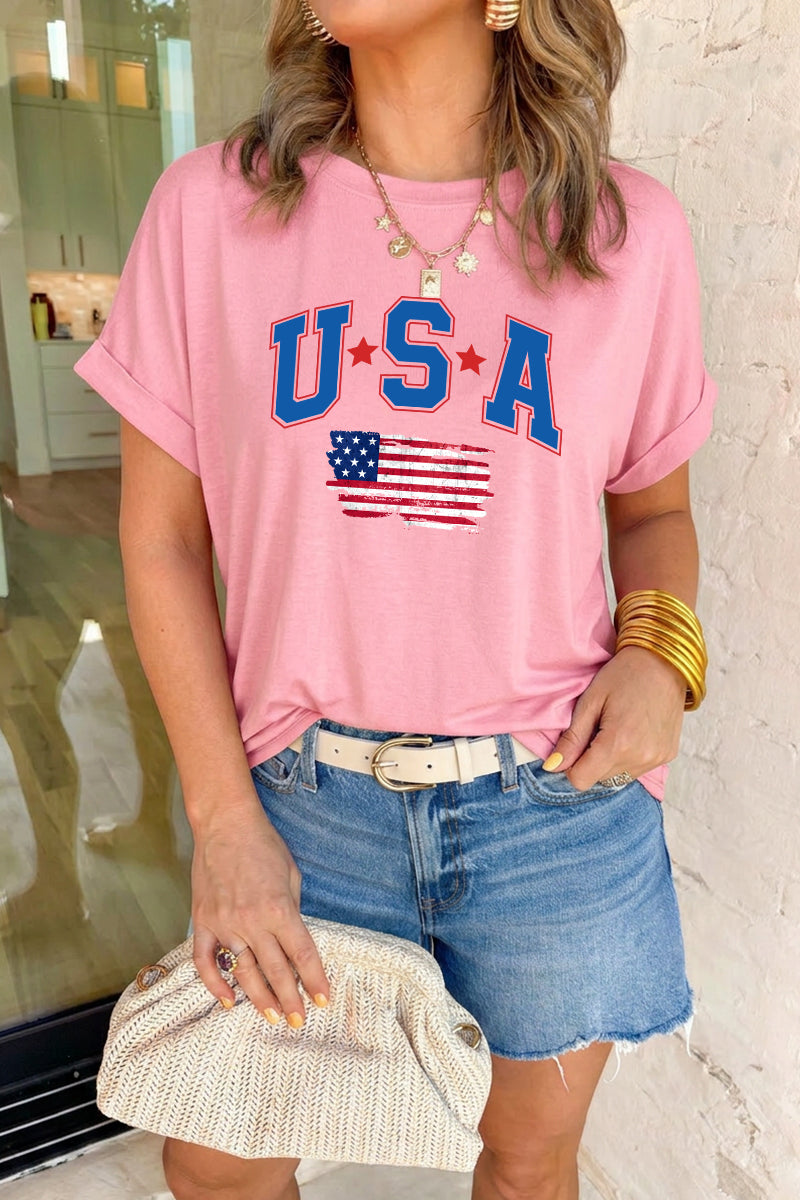 Women 4th of July USA Flag Graphic T Shirt