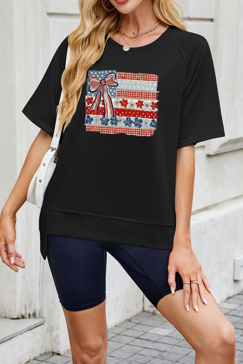 USA Flag Bow Graphic Tee Women Patriotic 4th July Top