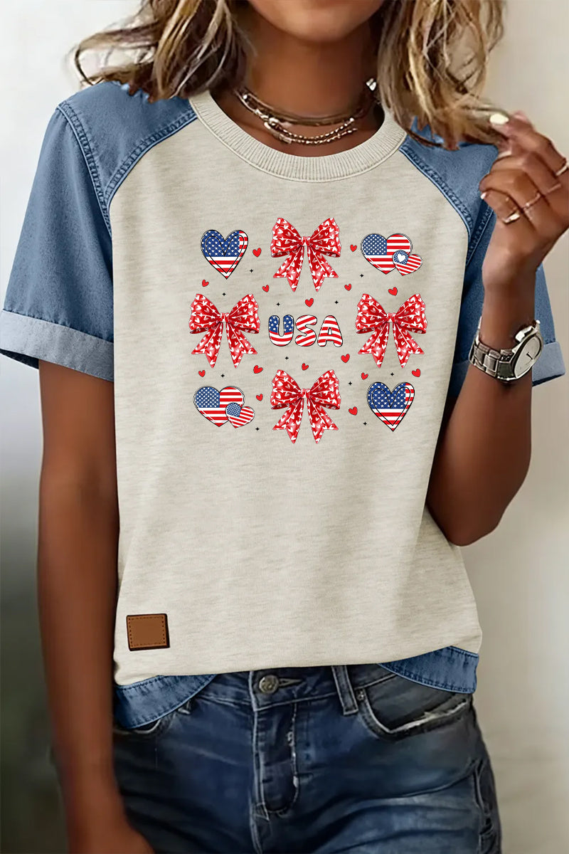 Bow Heart Flag Denim Patchwork Tee Casual