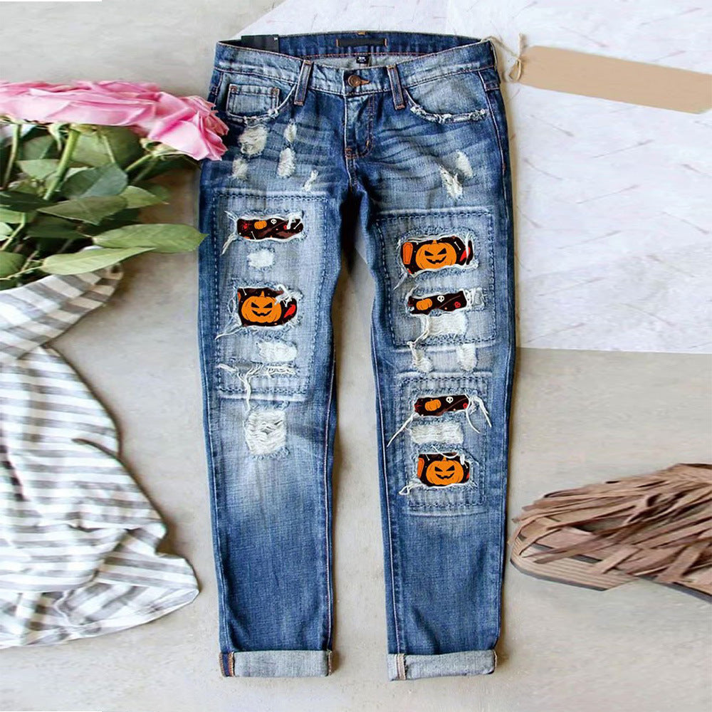Halloween Print Ripped Distressed Denim Jeans