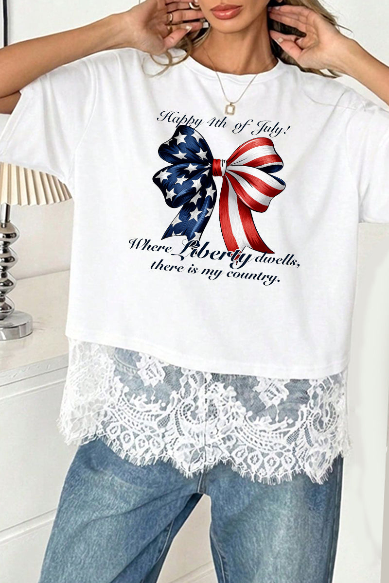 Patriotic Polyester Tee USA Bow 4th July Independence Top