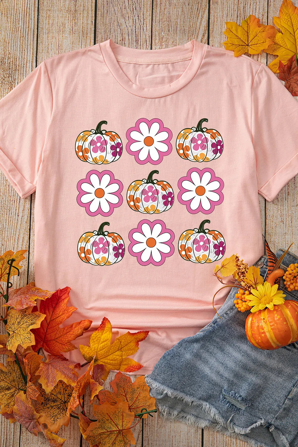 Pink Floral Pumpkin Thanksgiving Holiday Funny Graphic T Shirt
