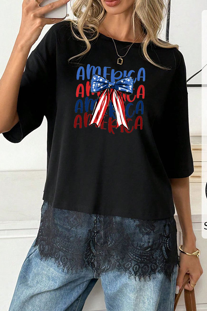 Patriotic Polyester Tee USA Bow 4th July Holiday Top