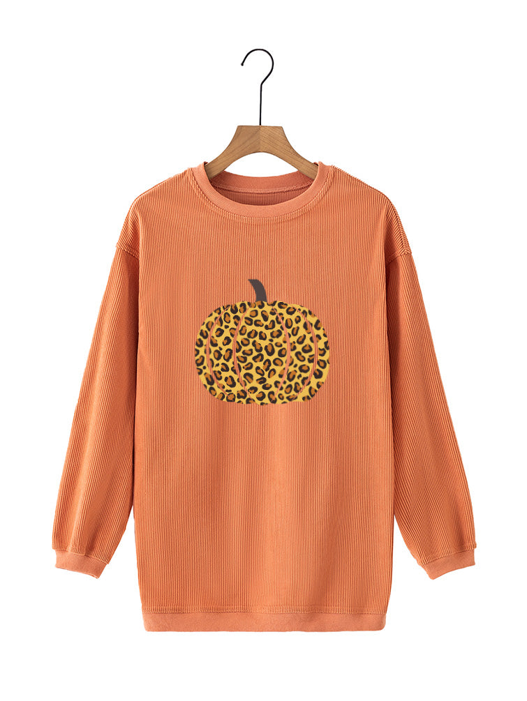 Halloween Pumpkin Leopard Print Fall Long Sleeve Sweatshirt