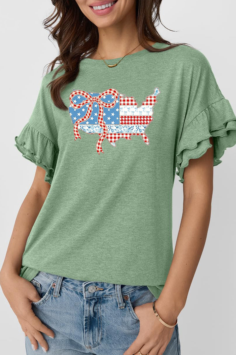 Patchwork Cotton Tee Patriotic Ruffle Sleeve Blouse