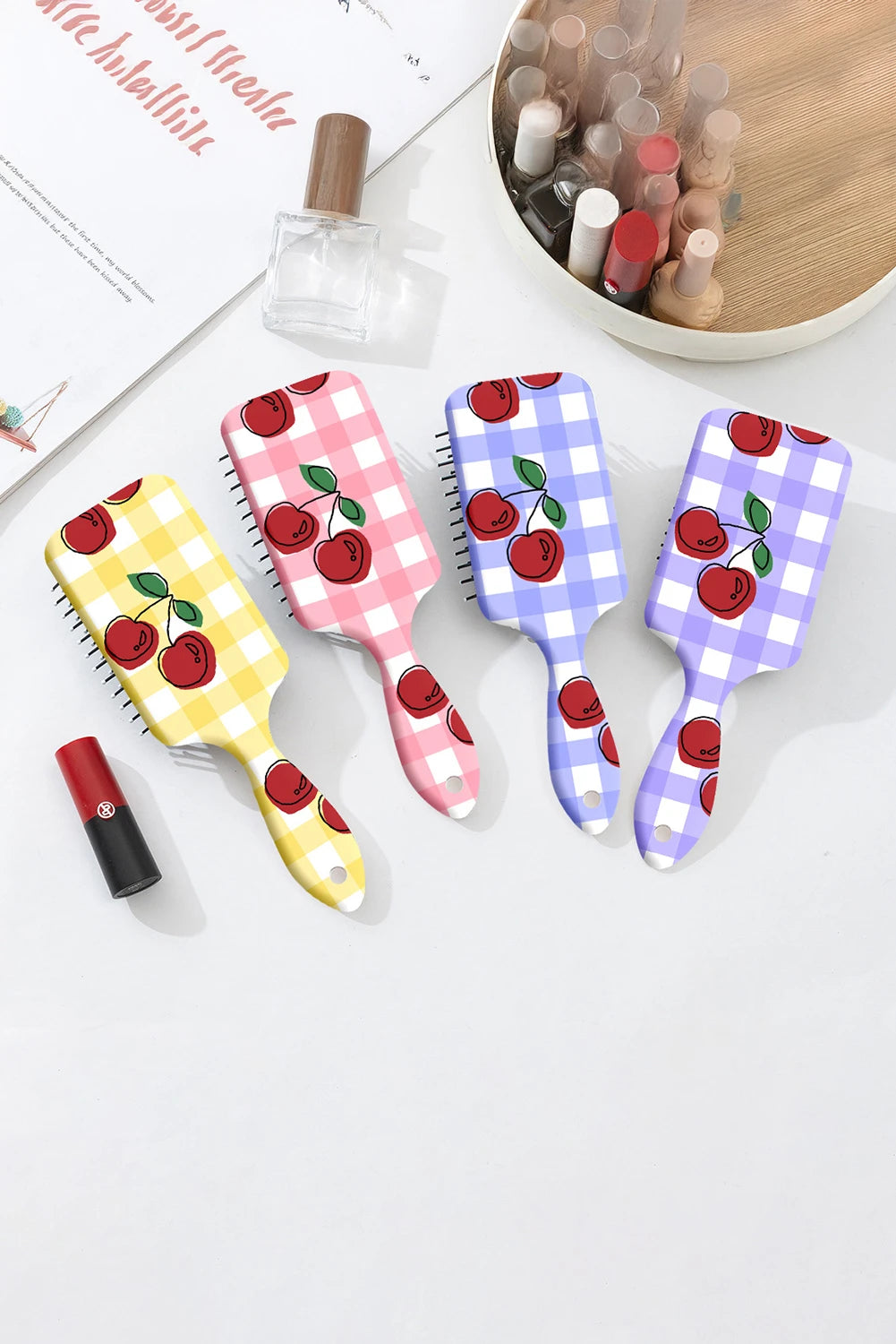 Pink Checkered Cherry Print Large Detangle Air Cushion Comb