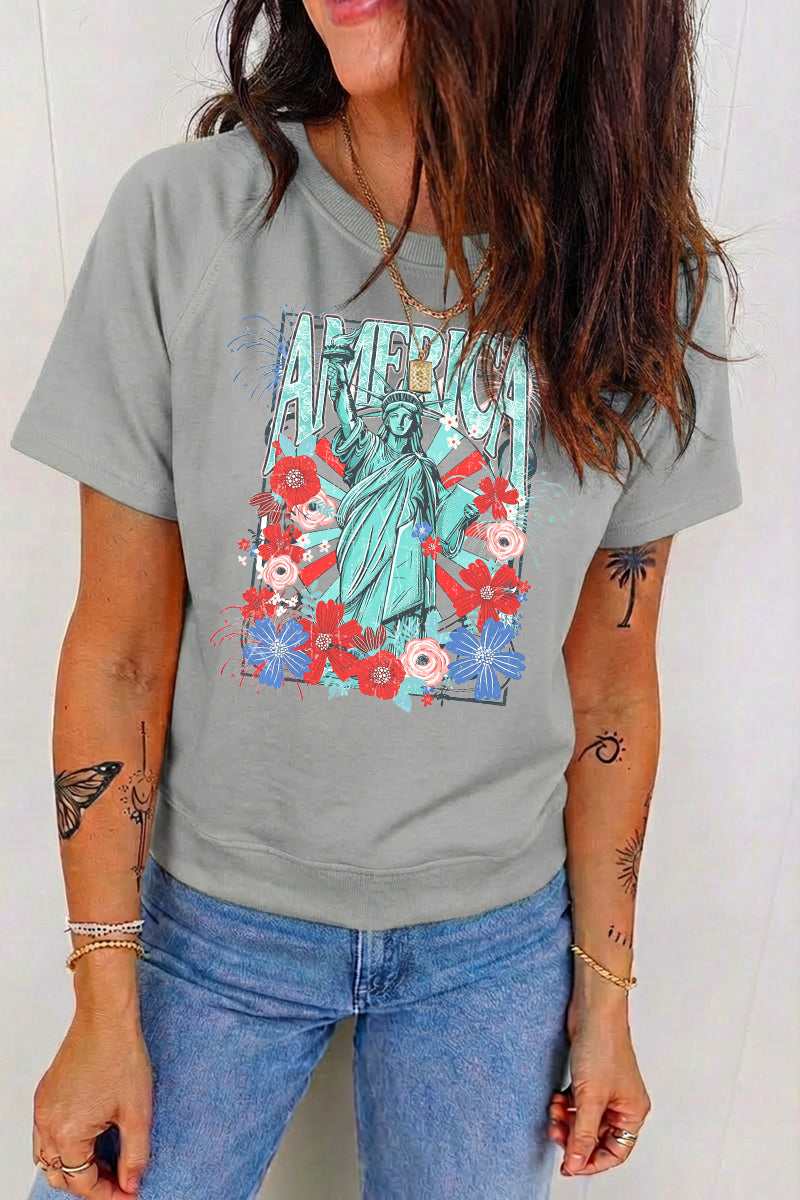 Independence Day Floral Graphic Tee Casual Loose Fit