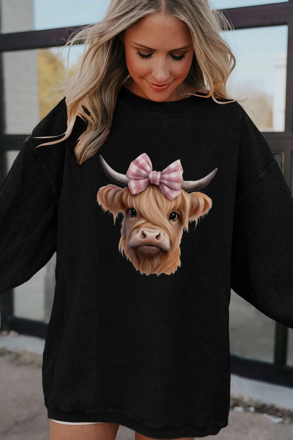 Western Graphic Highland Cow Bow Print Oversized Sweatshirt