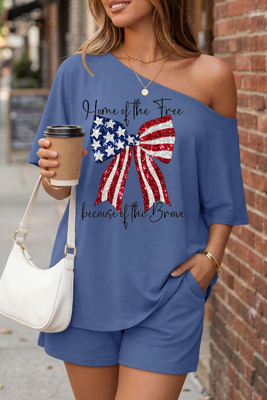 Patriotic Bow Graphic Off Shoulder Shorts Set Women