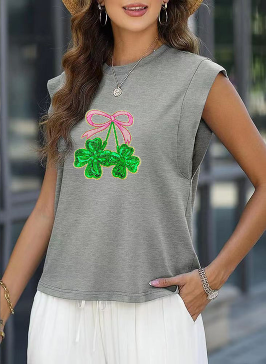 St Patricks Day Bow Shamrock Sequin Sleeveless Top