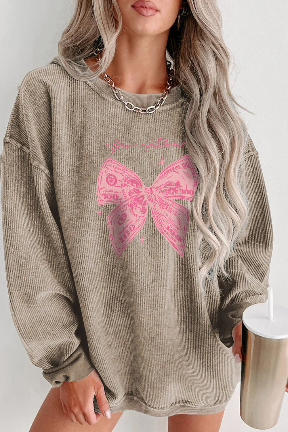Valentine's Day Cute Pink Bow Oversized Corduroy Pullover