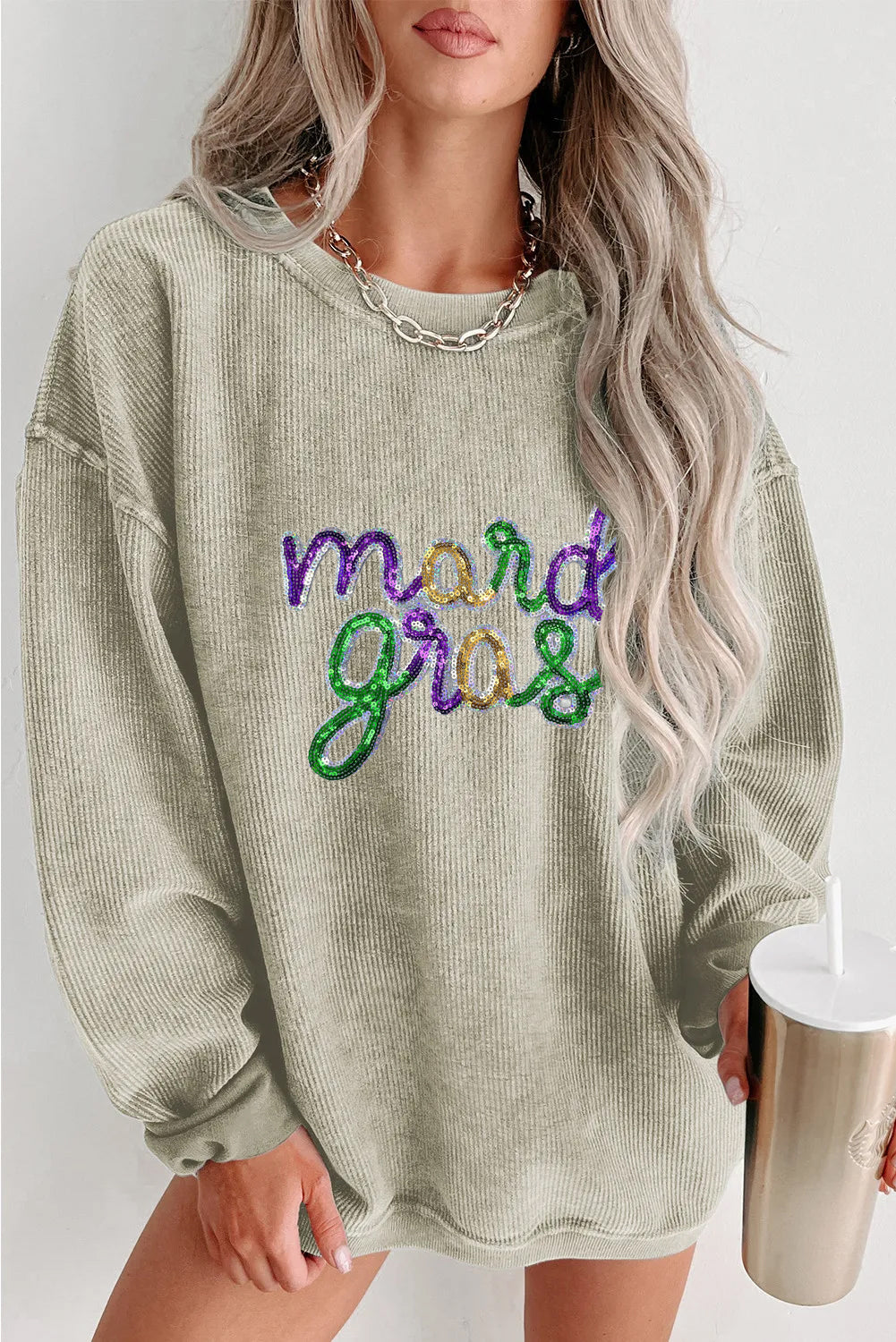 Mardi Gras Sequin Graphic Washed Pullover Sweatshirt