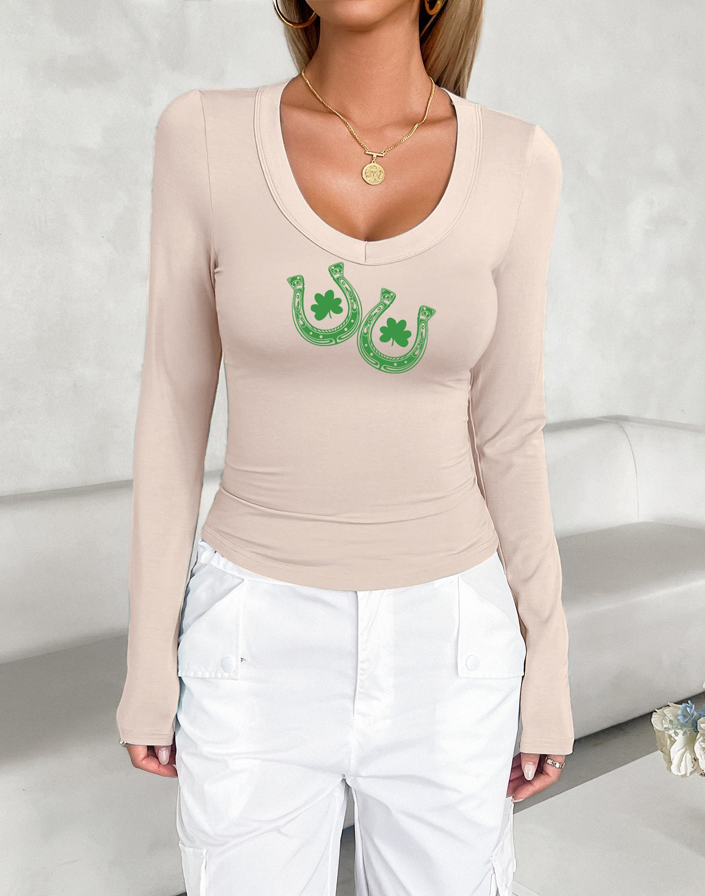 St Patrick’s Day Lucky Clover Fitted U Neck Top