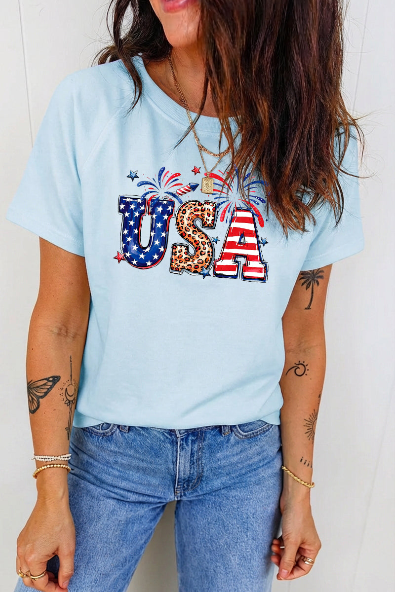 USA Letter Graphic Tee Women Patriotic Fourth of July Top