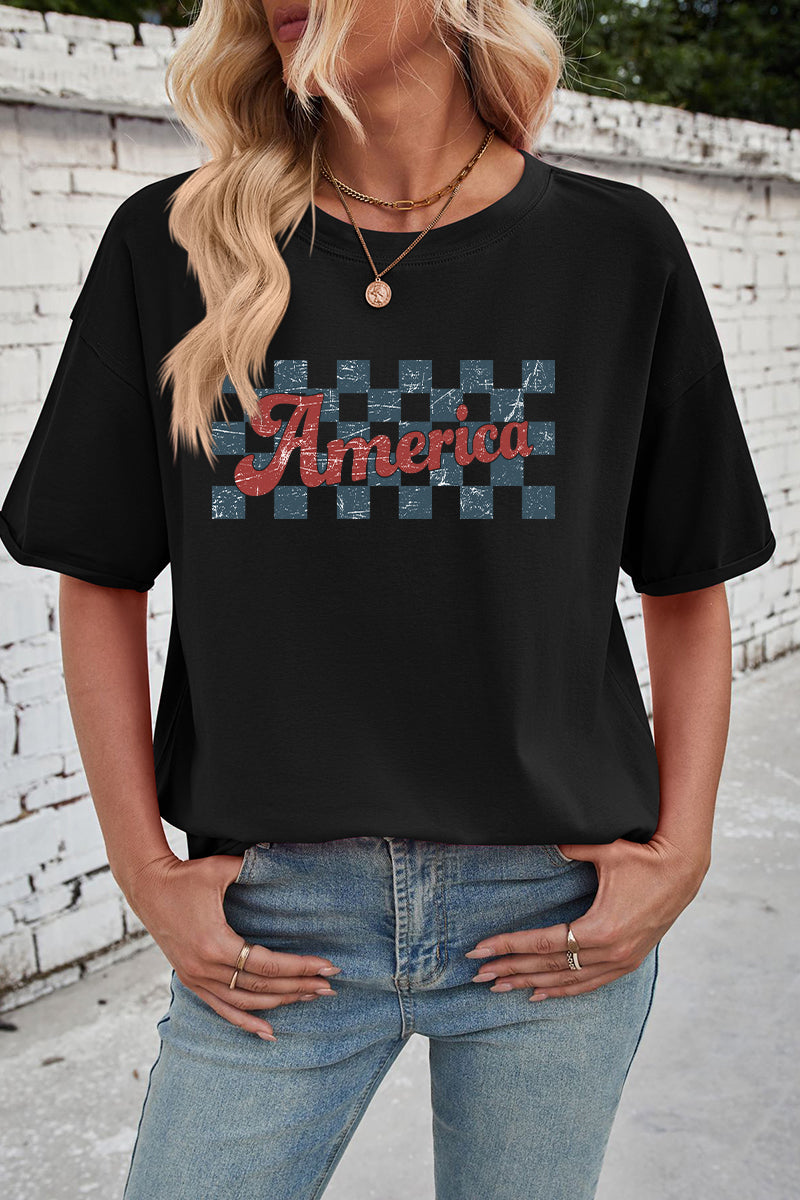 Checkerboard Graphic Rayon Tee Oversized Casual Top