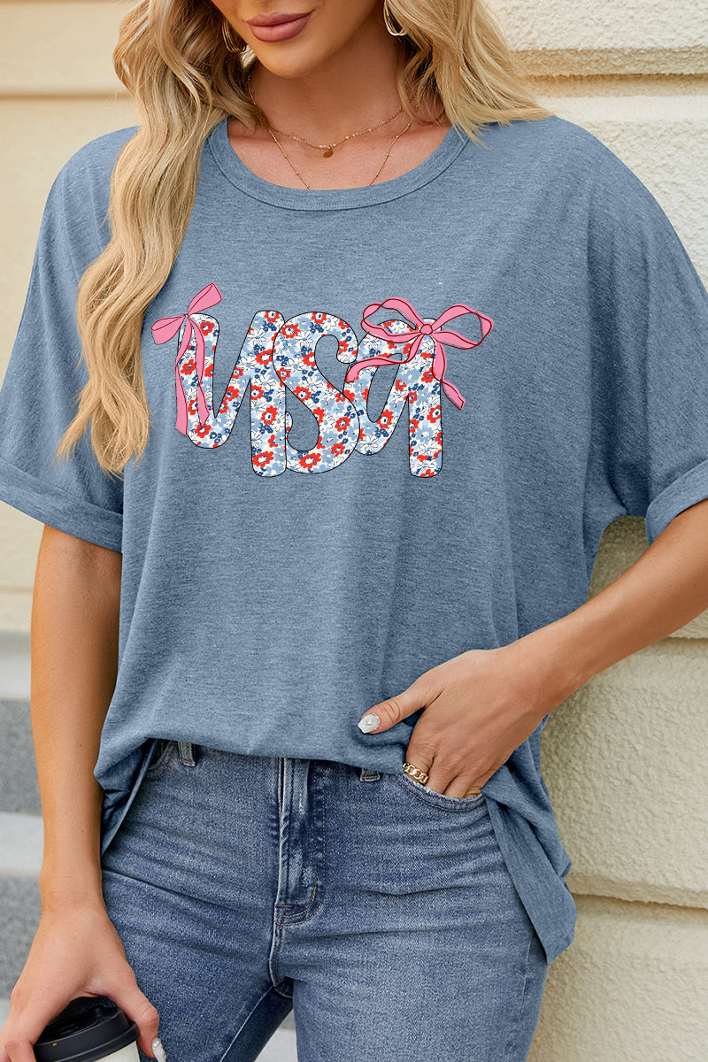 USA Floral Bow Graphic Tee Casual Patriotic Summer Top