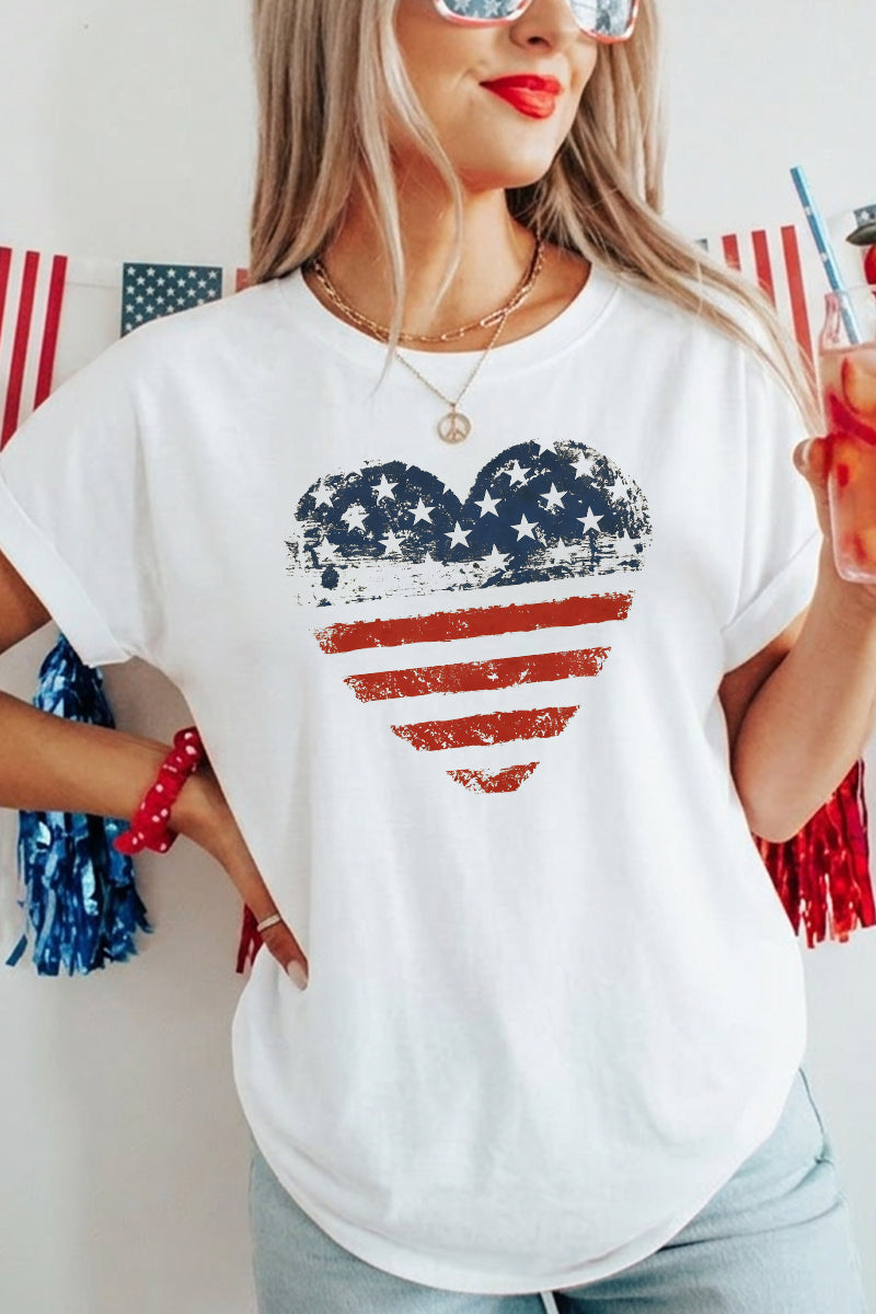 Women 4th of July American Flag Heart T Shirt